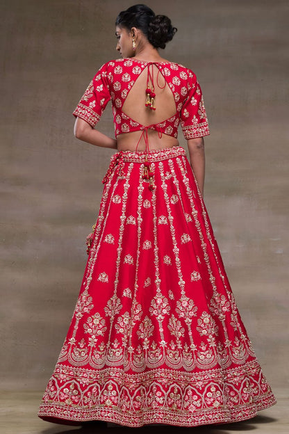 Ruby Radiance: Embroidered Malae Satin Lehenga Choli Ensemble