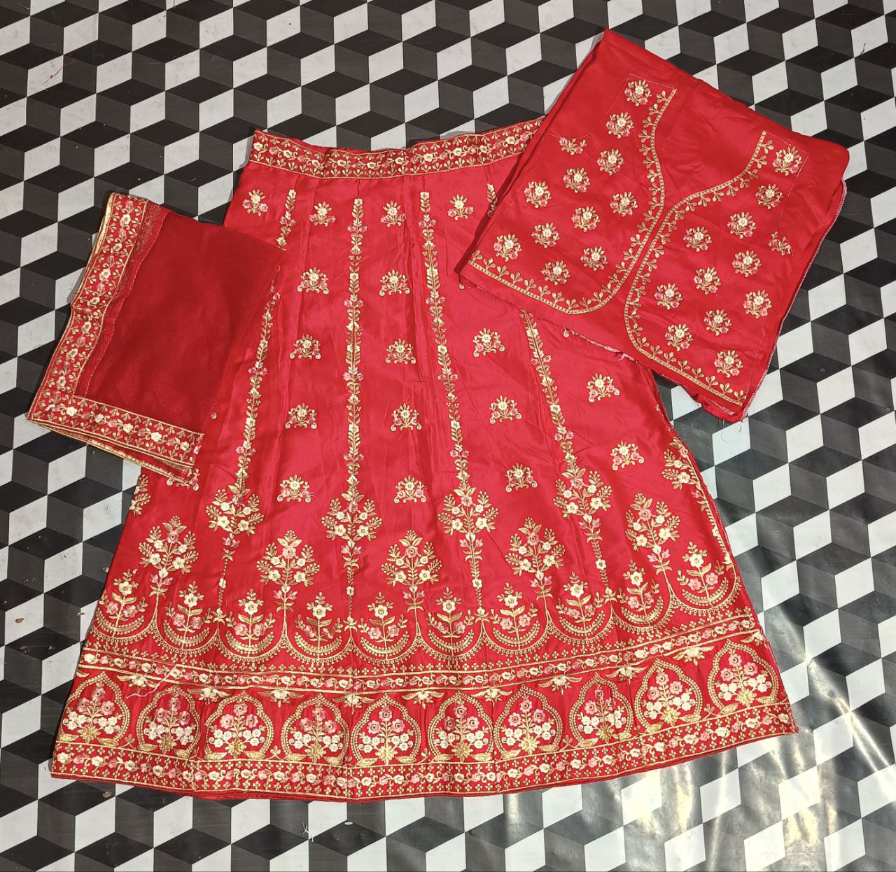 Ruby Radiance: Embroidered Malae Satin Lehenga Choli Ensemble