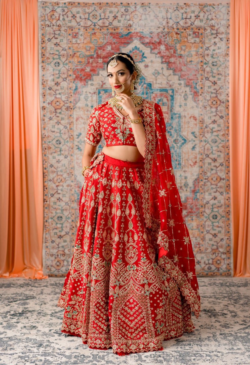 Crimson Charm: Embroidered Satin Semi-Stitched Lehenga Choli Ensemble