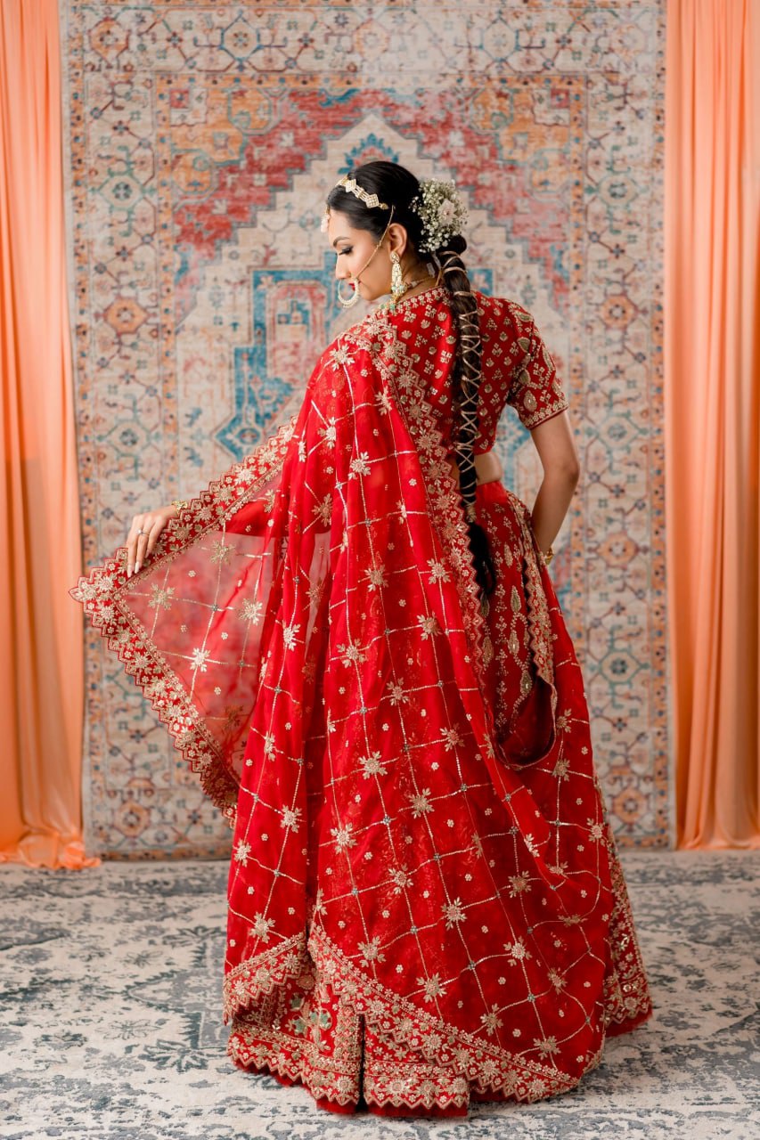 Crimson Charm: Embroidered Satin Semi-Stitched Lehenga Choli Ensemble