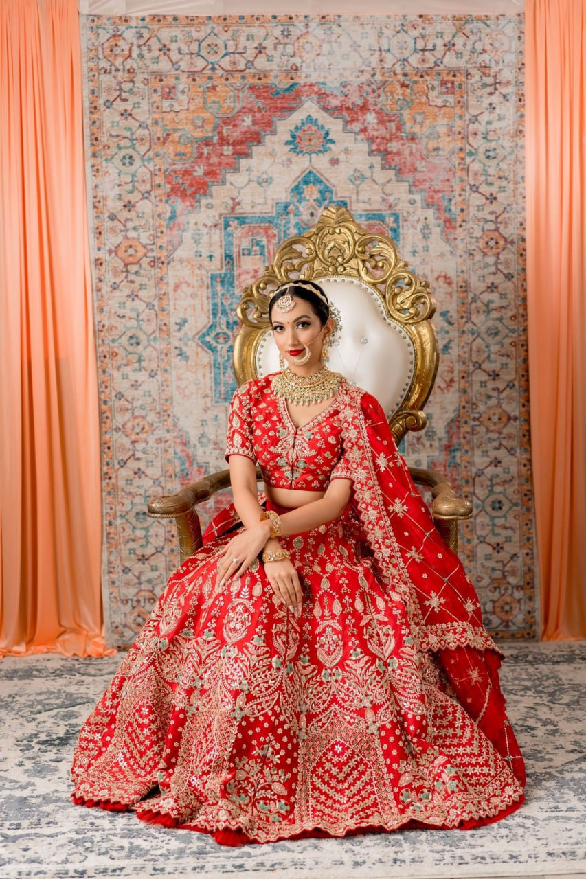 Crimson Charm: Embroidered Satin Semi-Stitched Lehenga Choli Ensemble