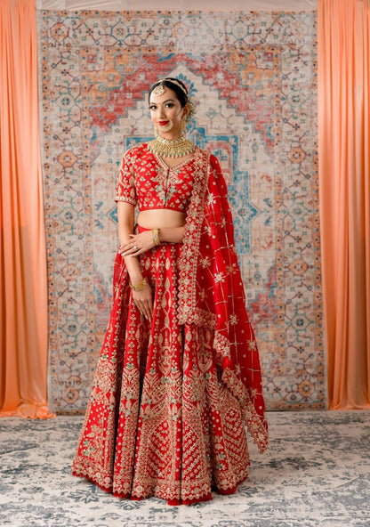 Crimson Charm: Embroidered Satin Semi-Stitched Lehenga Choli Ensemble