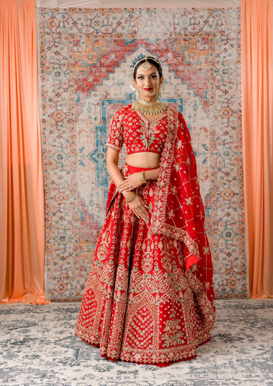 Crimson Charm: Embroidered Satin Semi-Stitched Lehenga Choli Ensemble