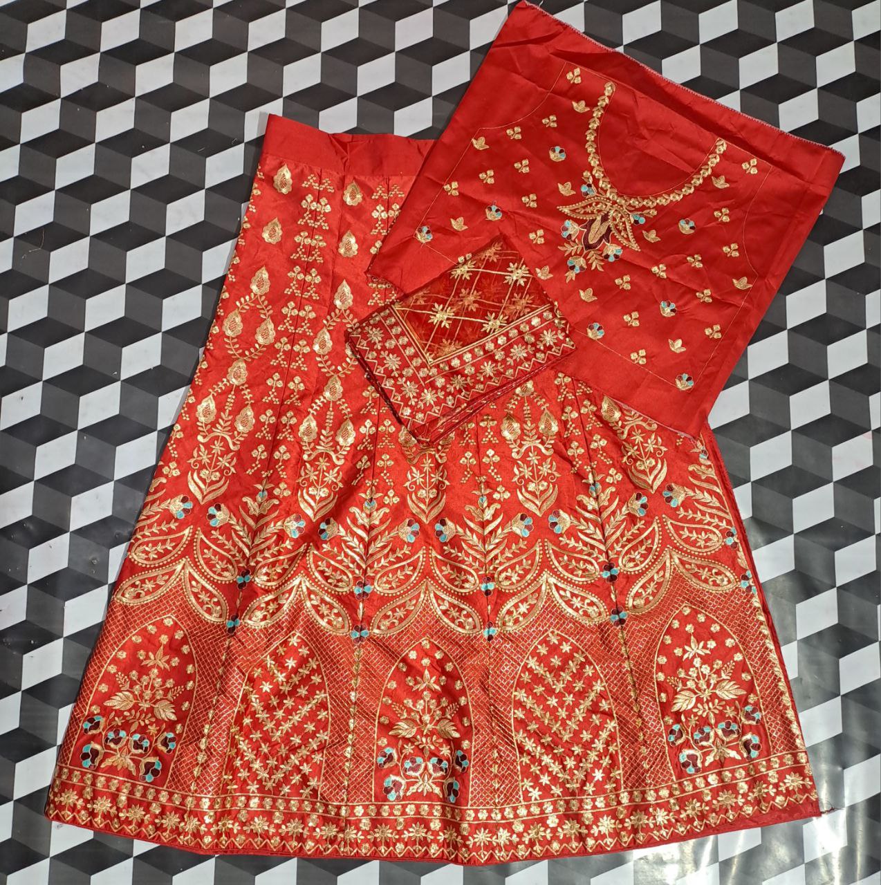 Crimson Charm: Embroidered Satin Semi-Stitched Lehenga Choli Ensemble