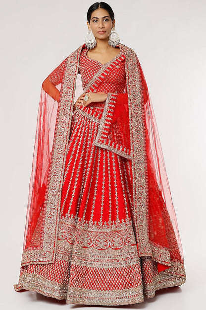 Scarlet Splendor: Embroidered Malae Satin Lehenga Choli Ensemble