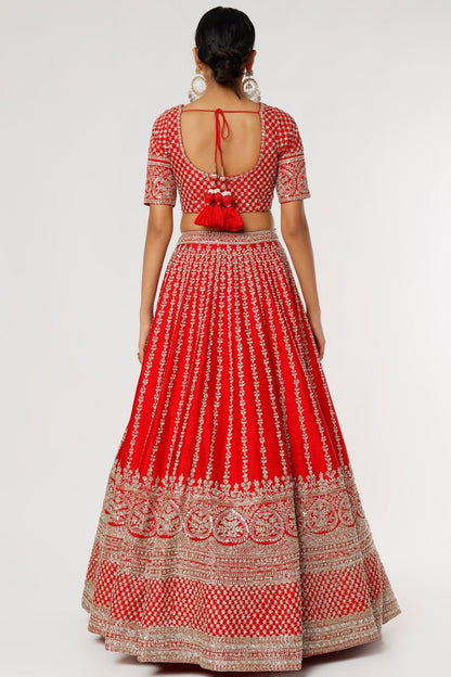 Scarlet Splendor: Embroidered Malae Satin Lehenga Choli Ensemble