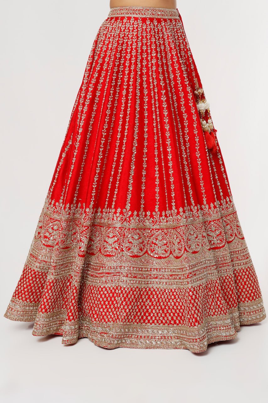 Scarlet Splendor: Embroidered Malae Satin Lehenga Choli Ensemble