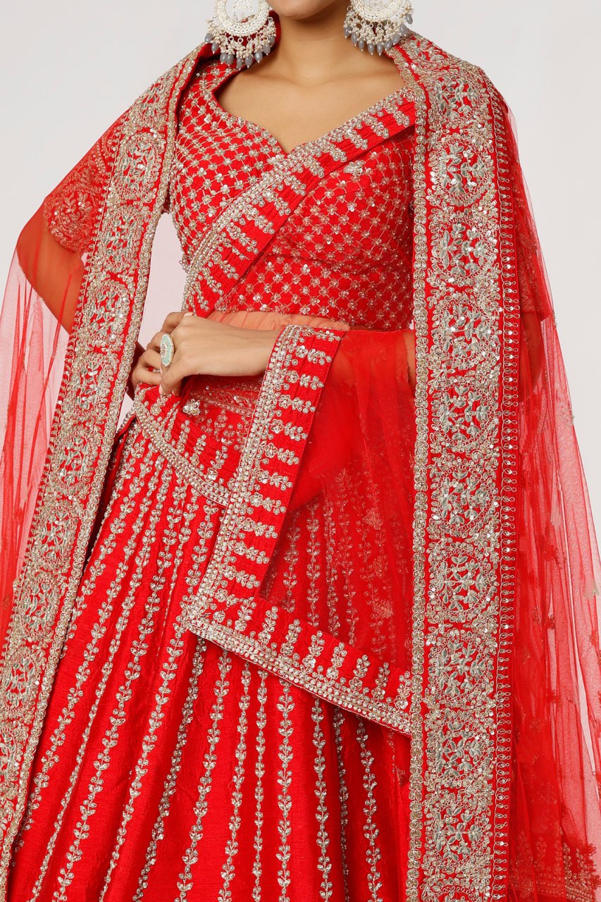 Scarlet Splendor: Embroidered Malae Satin Lehenga Choli Ensemble