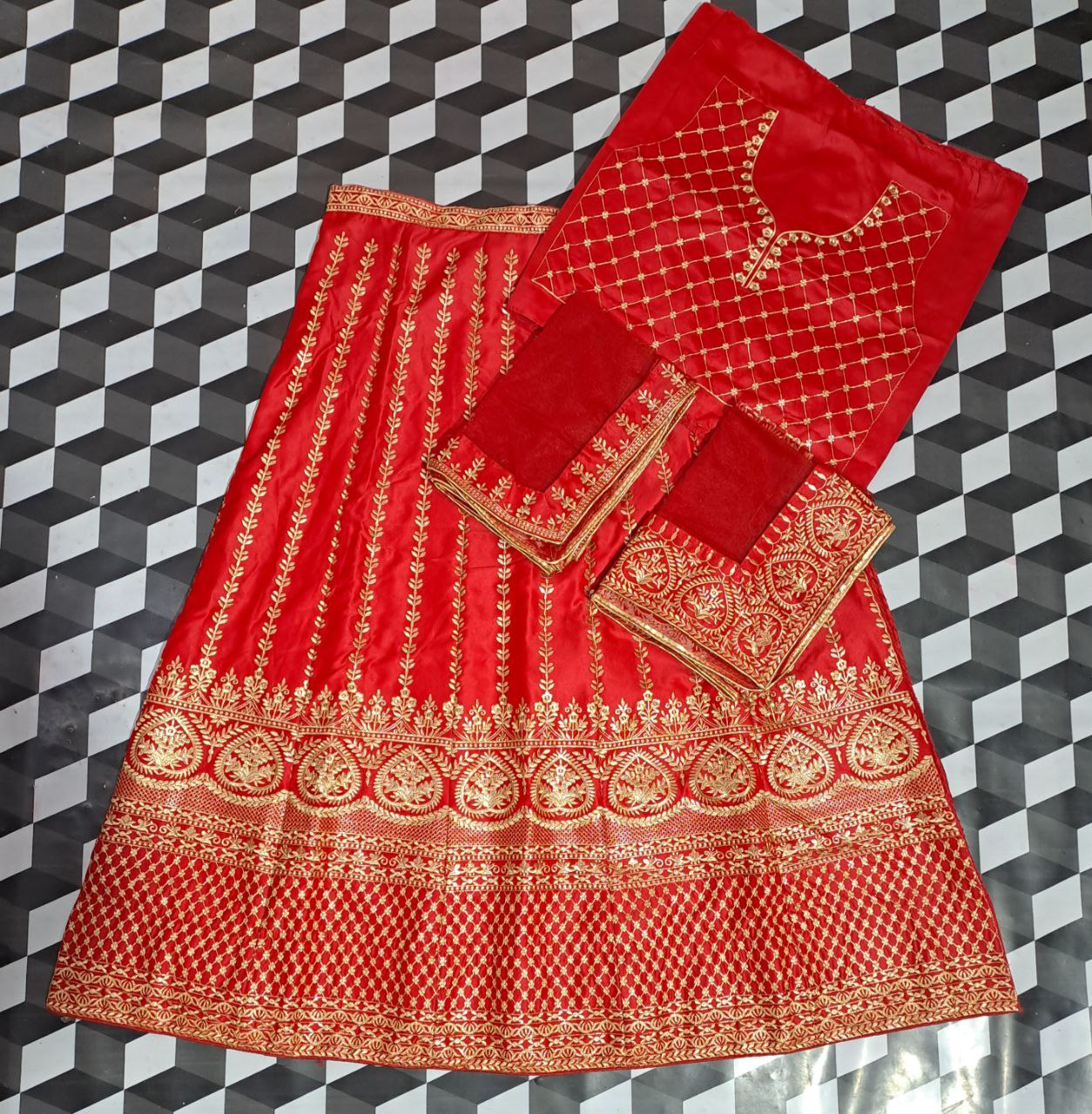 Scarlet Splendor: Embroidered Malae Satin Lehenga Choli Ensemble