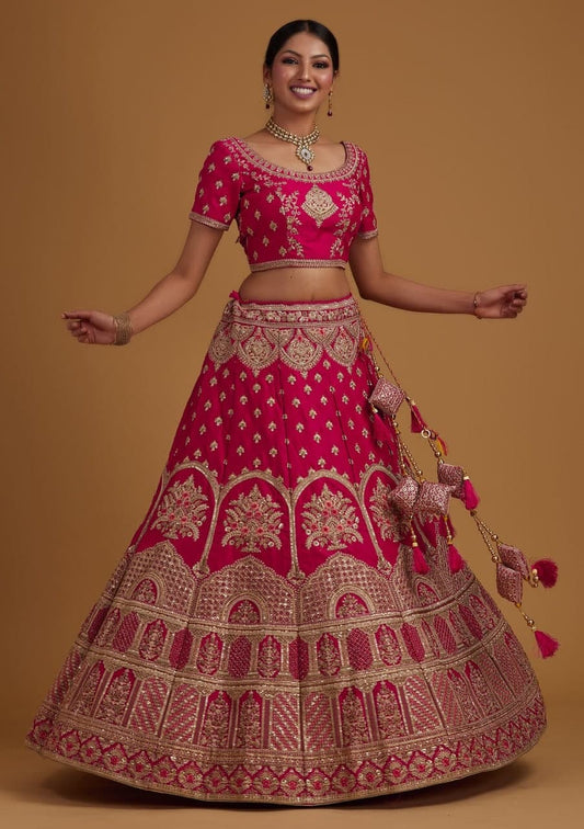 Pink Blossom: Embroidered Malai Satin Semi-Stitched Lehenga Choli Ensemble