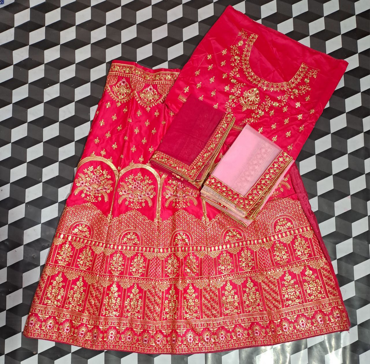 Pink Blossom: Embroidered Malai Satin Semi-Stitched Lehenga Choli Ensemble