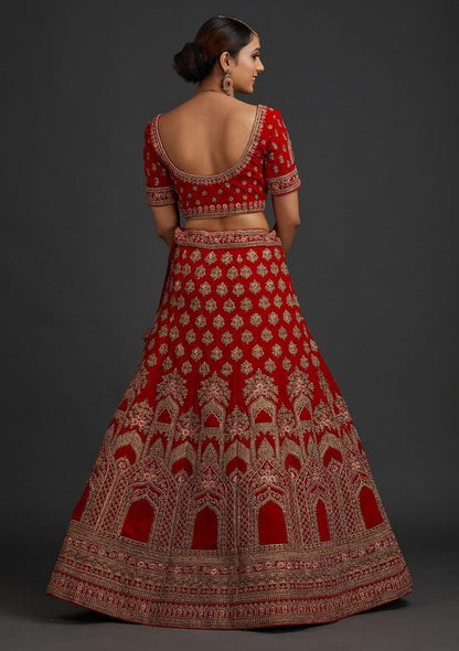 Ruby Elegance: Embroidered Malae Satin Lehenga Choli Ensemble