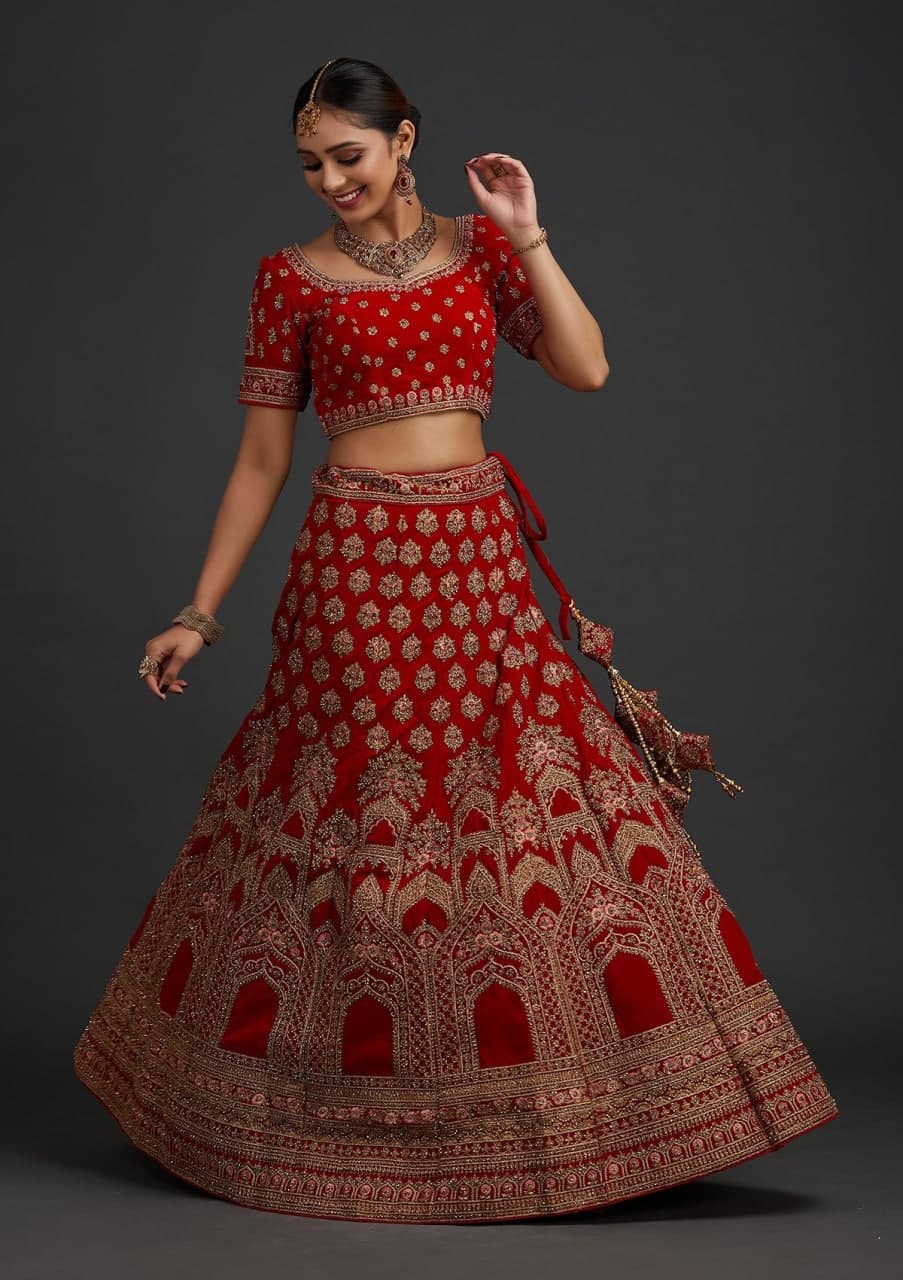 Ruby Elegance: Embroidered Malae Satin Lehenga Choli Ensemble