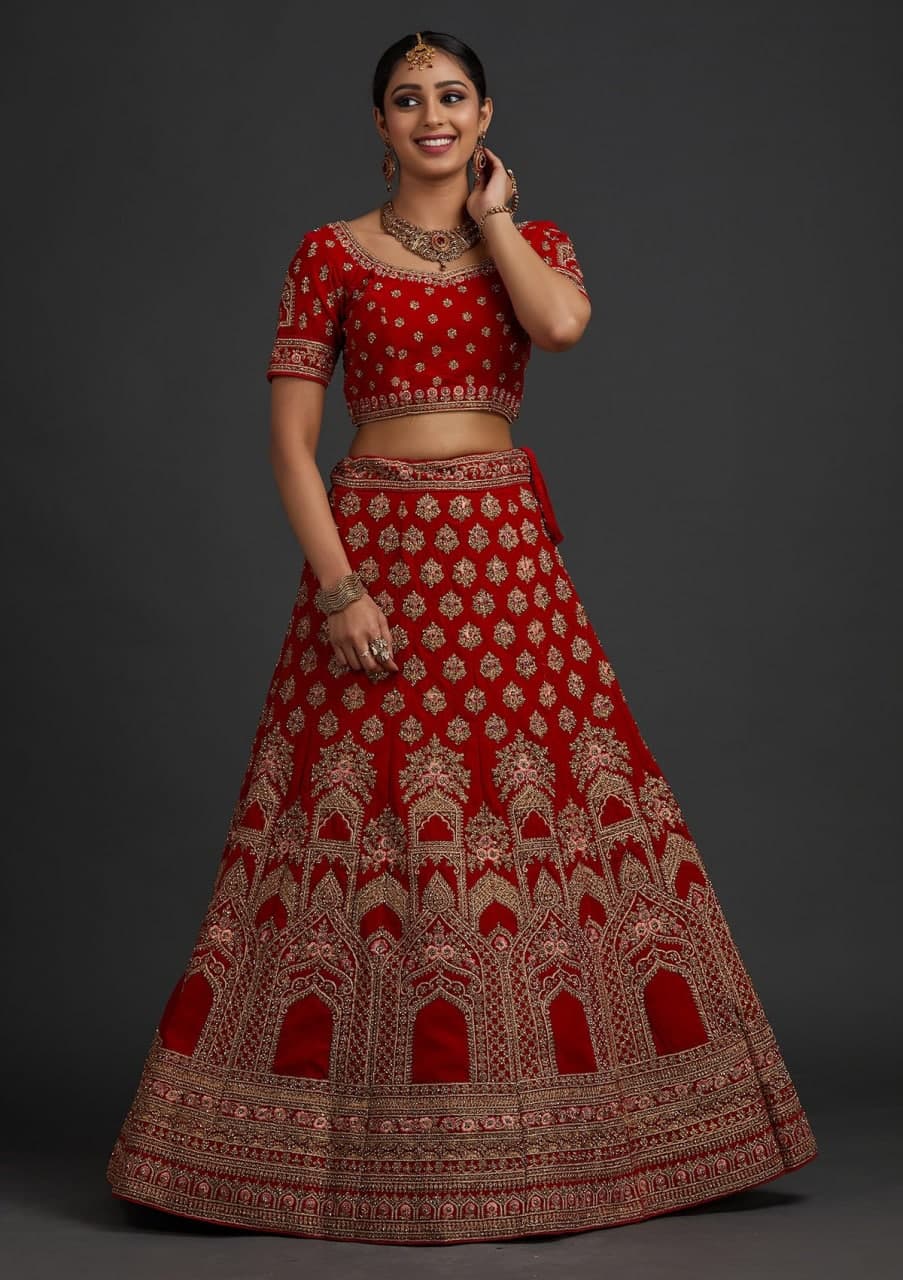 Ruby Elegance: Embroidered Malae Satin Lehenga Choli Ensemble