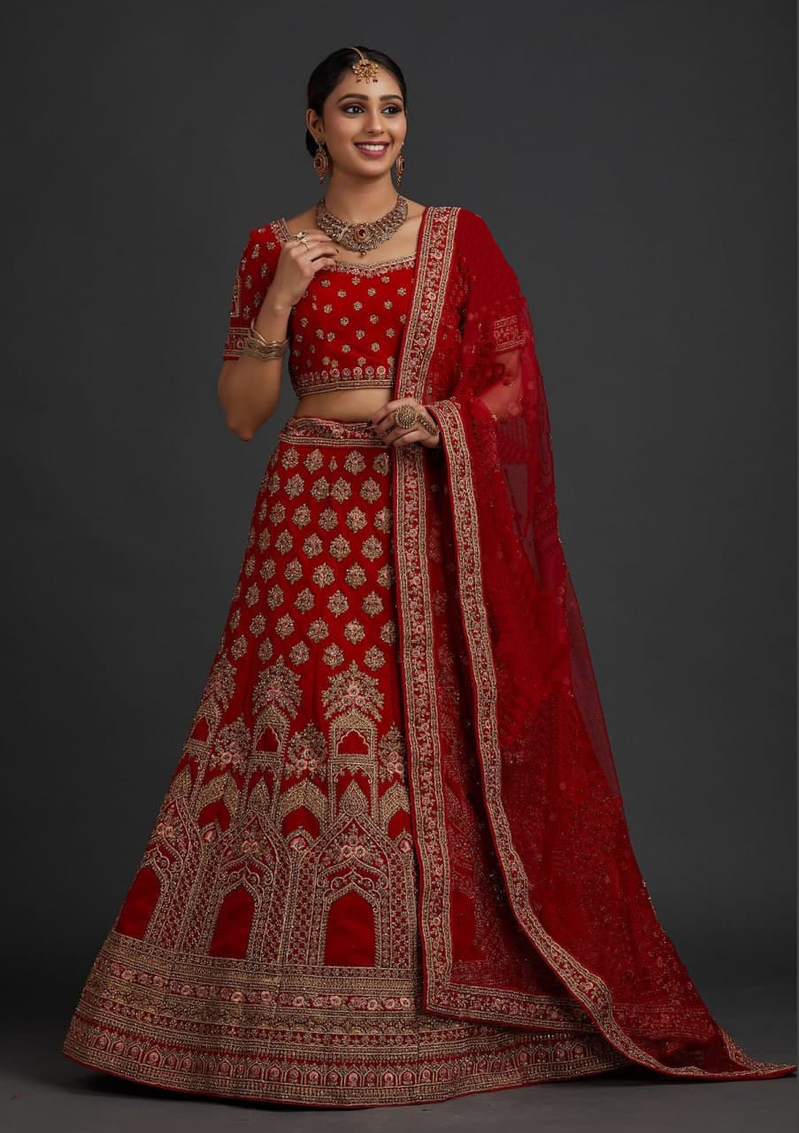 Ruby Elegance: Embroidered Malae Satin Lehenga Choli Ensemble