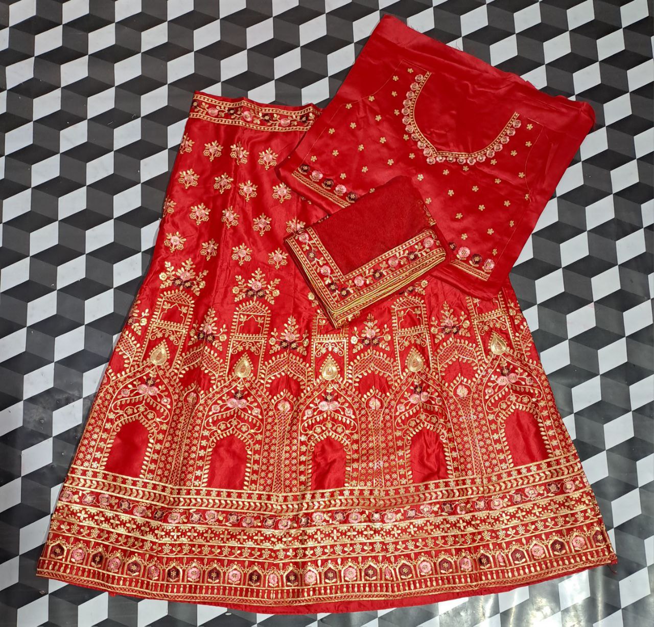 Ruby Elegance: Embroidered Malae Satin Lehenga Choli Ensemble