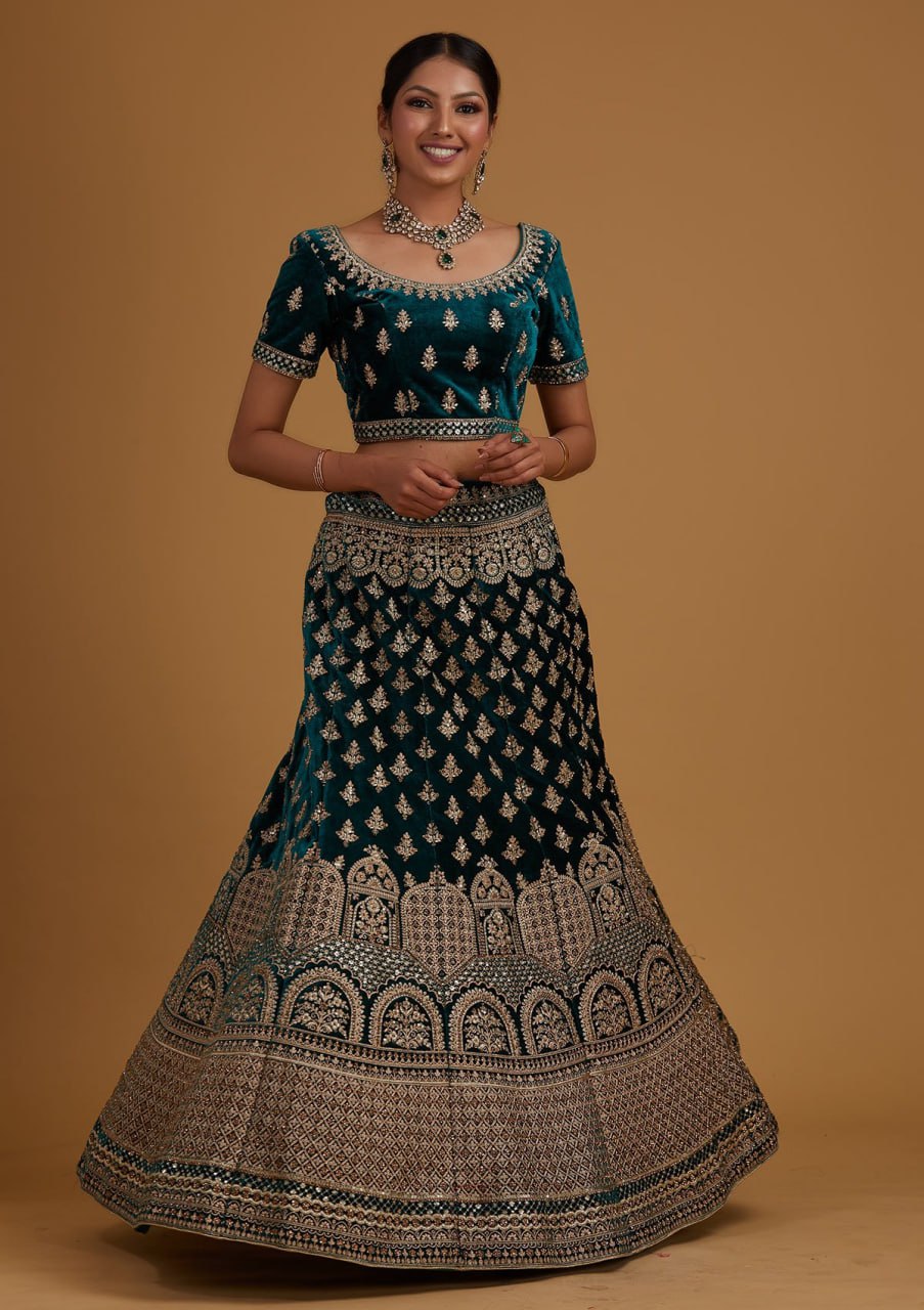 Green Grace: Embroidered Satin Semi-Stitched Lehenga Choli Ensemble