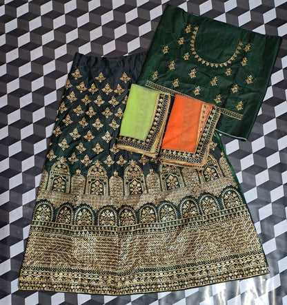 Green Grace: Embroidered Satin Semi-Stitched Lehenga Choli Ensemble