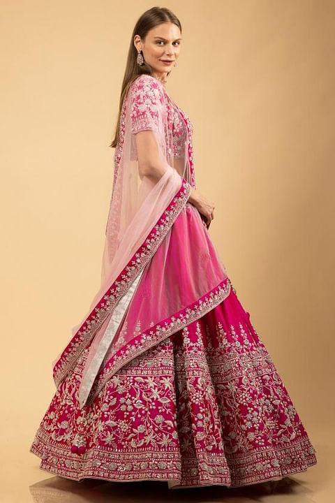 Pink Bliss: Embroidered Satin Semi Stiched Lehenga Choli Ensemble 👗