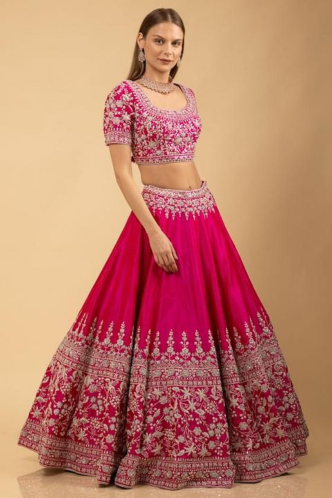 Pink Bliss: Embroidered Satin Semi Stiched Lehenga Choli Ensemble 👗