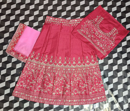 Pink Bliss: Embroidered Satin Semi Stiched Lehenga Choli Ensemble 👗