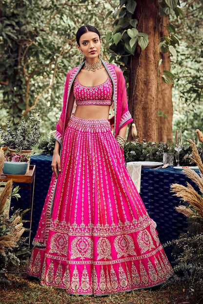 Pink Petals: Embroidered Satin Lehenga Choli Ensemble