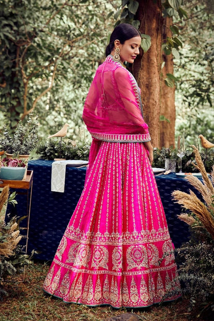 Pink Petals: Embroidered Satin Lehenga Choli Ensemble