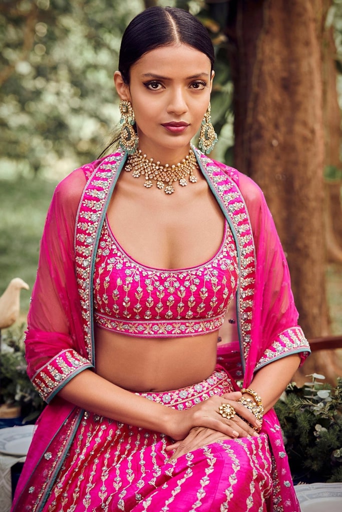 Pink Petals: Embroidered Satin Lehenga Choli Ensemble