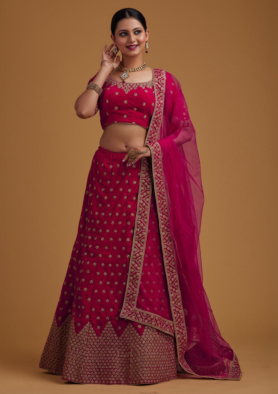 Satin Blossom: Embroidered Lehenga Choli Ensemble