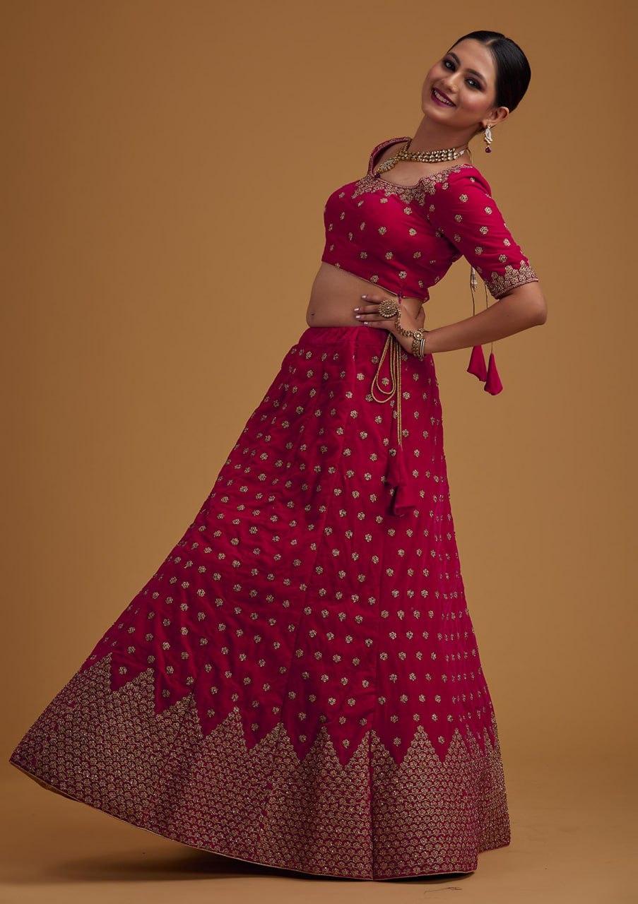 Satin Blossom: Embroidered Lehenga Choli Ensemble