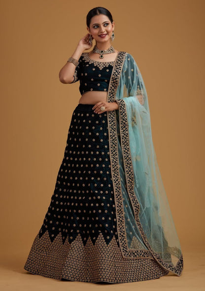 Satin Blossom: Embroidered Lehenga Choli Ensemble