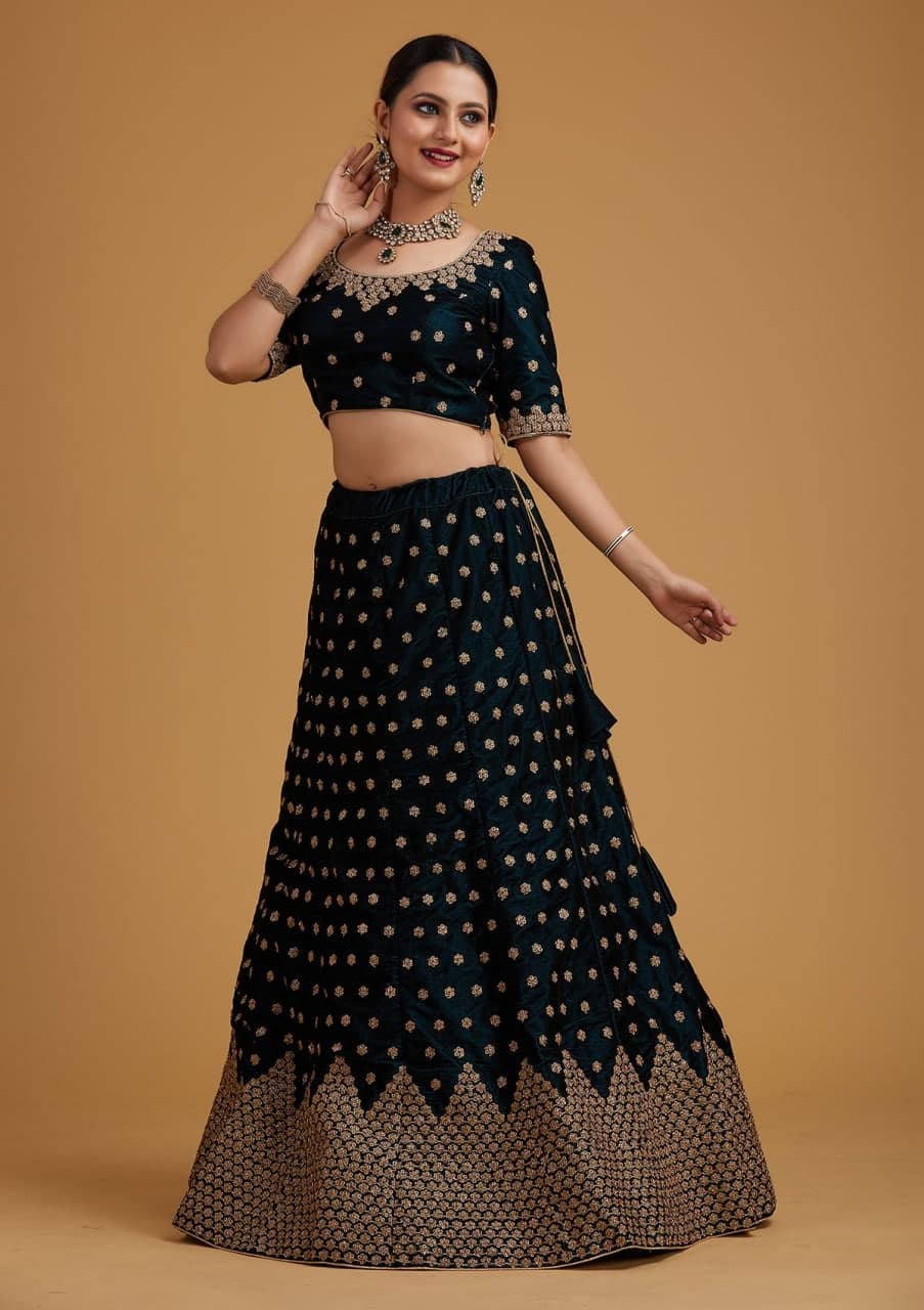 Satin Blossom: Embroidered Lehenga Choli Ensemble