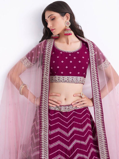 Purple Embroidered Semi-Stiched Lehenga Choli Set