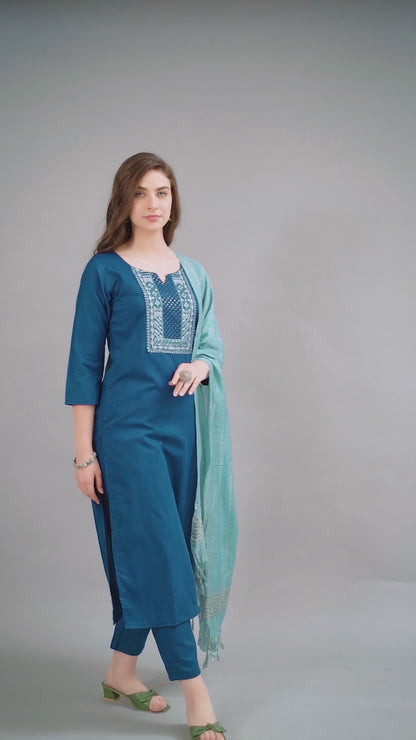 Women Cotton Blend heavy embroidery Kurta With Pant And Dupata Set