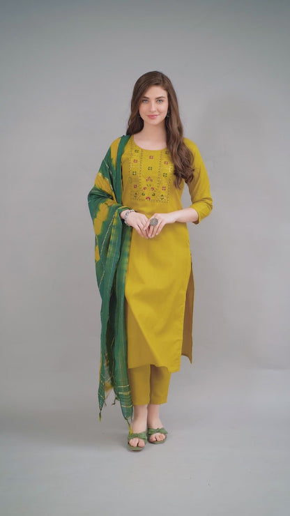 Women Cotton Blend heavy embroidery Kurta With Pant And Dupata Set