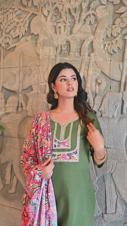 Emerald Charm Embroidered Kurti with Dupatta Set